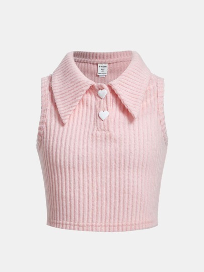 SHEIN Girlism Camiseta elegante de tirantes sin mangas para niñas tweens con textura acanalada tejida, cuello camisero y botones en forma de corazón para el verano