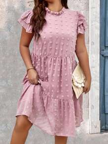 SHEIN LUNE Đầm Plus Size viền lá sen Xù Viên lá sen màu trơn Dễ thương - Hồng - Xem 5
