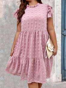 SHEIN LUNE Đầm Plus Size viền lá sen Xù Viên lá sen màu trơn Dễ thương - Hồng - Xem 4