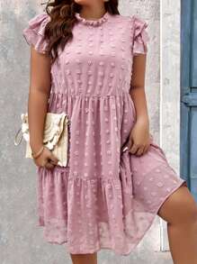 SHEIN LUNE Đầm Plus Size viền lá sen Xù Viên lá sen màu trơn Dễ thương - Hồng - Xem 1