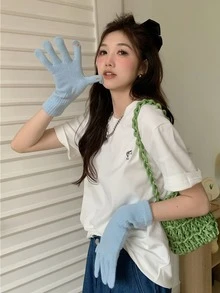 Camiseta de hombros caídos con estampado de dibujos animados - Blanco - Ver 4