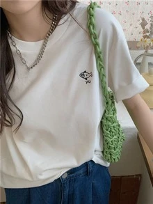 Camiseta de hombros caídos con estampado de dibujos animados - Blanco - Ver 5