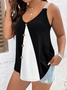 SHEIN LUNE 大碼雙色前紐扣背心上衣 - 黑與白 - 查看 4