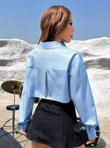 SHEIN Coolane 西部風格牛仔女孩星星和字母圖案落肩袖短款襯衫 - 淺藍色 - 查看 4