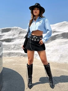 SHEIN Coolane 西部風格牛仔女孩星星和字母圖案落肩袖短款襯衫 - 淺藍色 - 查看 8