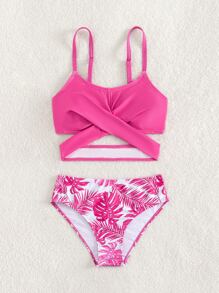 Conjunto de bikini envolvente con estampado tropical para niña preadolescente, playa de verano - Multicolor - Ver 1