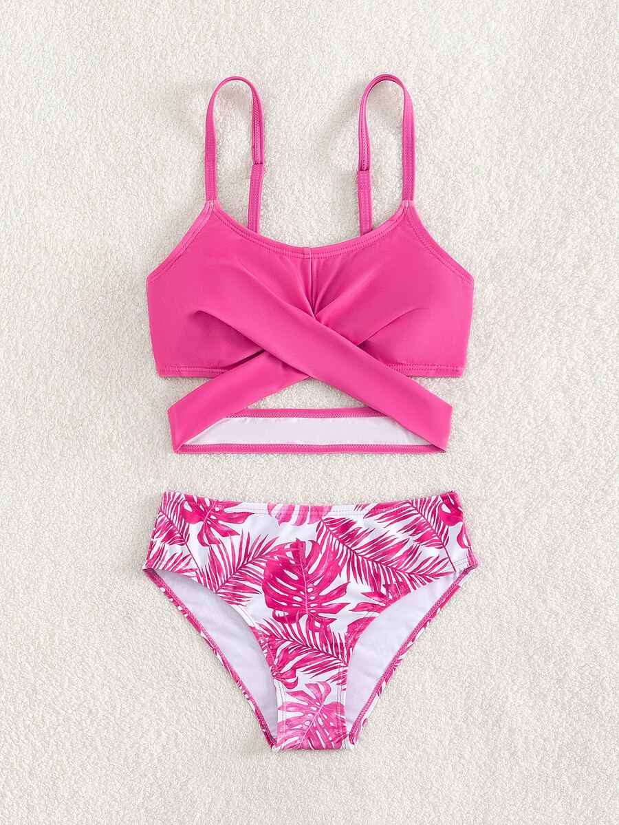 Conjunto de bikini envolvente con estampado tropical para niña preadolescente, playa de verano - Multicolor - Ver 1