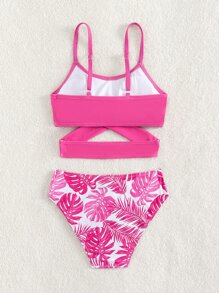 Conjunto de bikini envolvente con estampado tropical para niña preadolescente, playa de verano - Multicolor - Ver 2