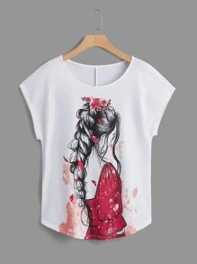 SHEIN LUNE Camiseta con estampado de figura de manga murciélago - Blanco - Ver 1