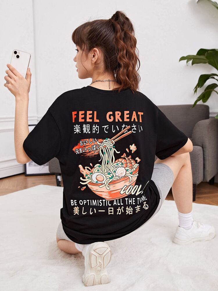 Teen Girls Slogan & Cartoon Graphic Drop Shoulder Tee