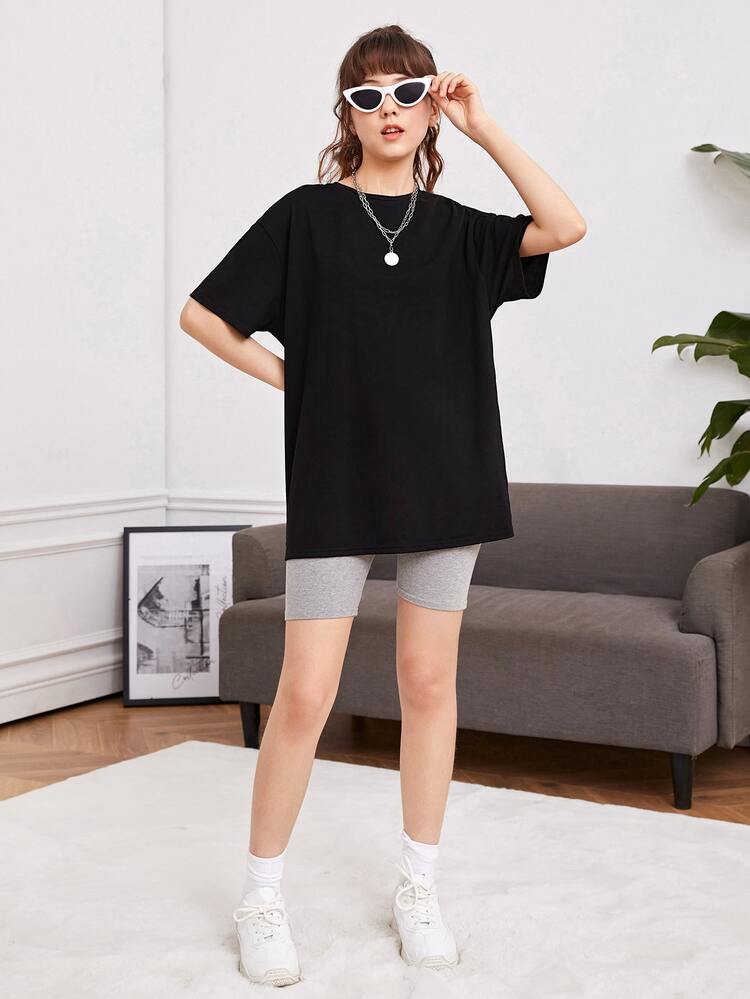 Teen Girls Slogan & Cartoon Graphic Drop Shoulder Tee