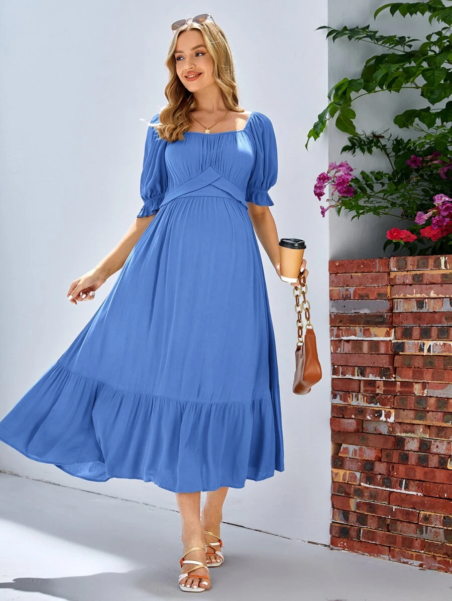 SHEIN Maternity Puff Sleeve Ruffle Hem Dress - Blue - View 1