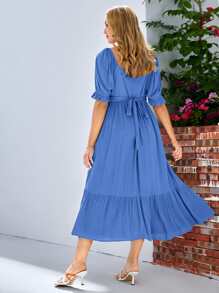 SHEIN Maternity Puff Sleeve Ruffle Hem Dress - Blue - View 2