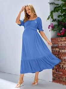 SHEIN Maternity Puff Sleeve Ruffle Hem Dress - Blue - View 3