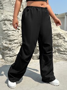 SHEIN EZwear Plus Solid Wide Leg Trousers - Black - View 4