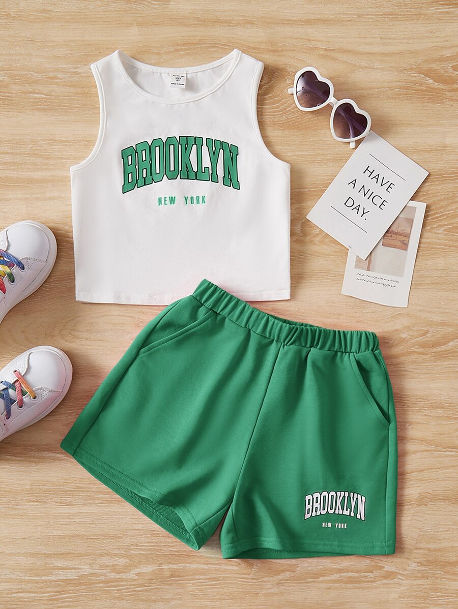SHEIN Leap Crew 女孩字母圖案背心上衣和短褲 - 綠色 - 查看 1