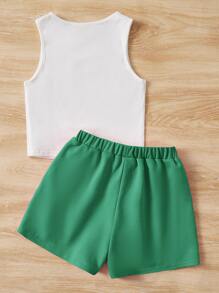 SHEIN Leap Crew 女孩字母圖案背心上衣和短褲 - 綠色 - 查看 2