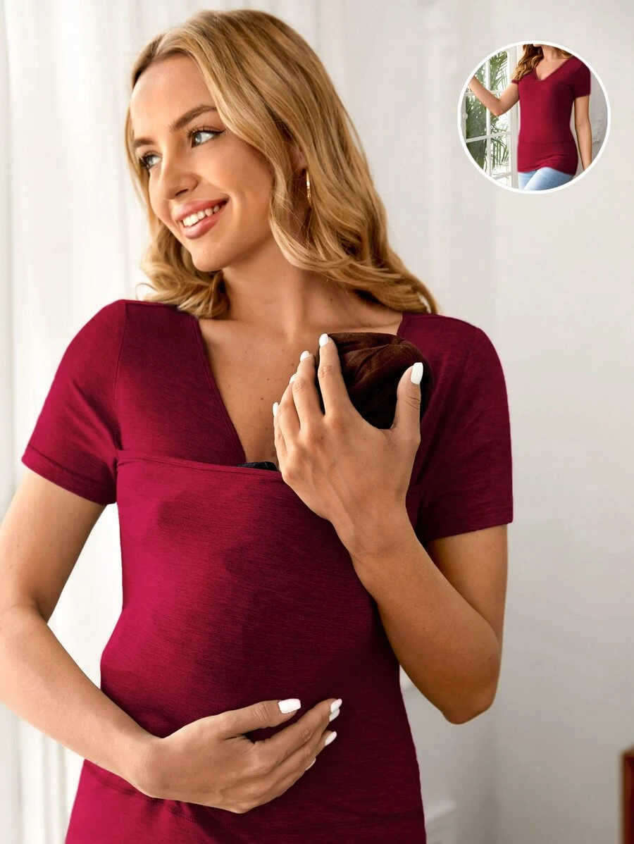 SHEIN Maternity 1pc Solid Nursing Tee - Burgundy - View 1