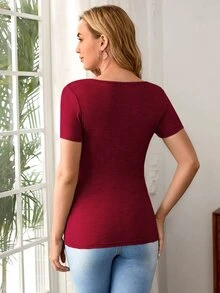 SHEIN Maternity 1pc Solid Nursing Tee - Burgundy - View 2