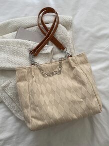 Bolso tote de hombro geométrico con textura de moda con diseño de cadena poliéster - Beis - Ver 2
