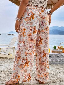 SHEIN Holidaya Plus Floral Print Dual Pocket Wide Leg Trousers - Multicolor - View 2