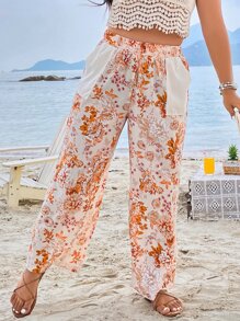 SHEIN Holidaya Plus Floral Print Dual Pocket Wide Leg Trousers - Multicolor - View 3