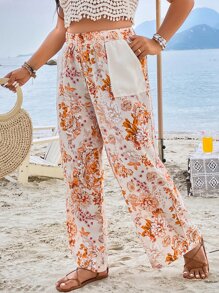SHEIN Holidaya Plus Floral Print Dual Pocket Wide Leg Trousers - Multicolor - View 5