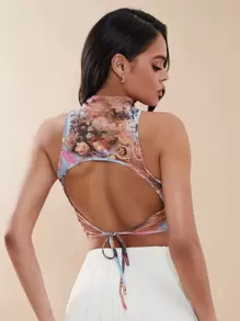 SHEIN BAE Áo khoác và áo lót dành cho xe tăng nữ Lộ Lưng Buộc lại Con số Hoa Gợi cảm - Nhiều màu - Xem 1