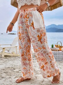 SHEIN Holidaya Plus Floral Print Dual Pocket Wide Leg Trousers - Multicolor - View 6