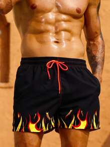 Manfinity Swimmode Hombres Shorts de natación con estampado de fuego de cintura con cordón - Negro - Ver 1