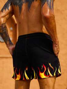 Manfinity Swimmode Hombres Shorts de natación con estampado de fuego de cintura con cordón - Negro - Ver 2