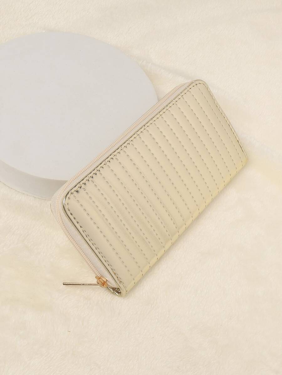 Monedero largo de color metálico con cremallera miedoso con diseño de puntada PU - Dorado - Ver 1