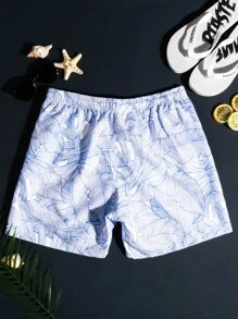 Manfinity Hombres Shorts de natación con estampado tropical de cintura con cordón - Azul y blanco - Ver 2