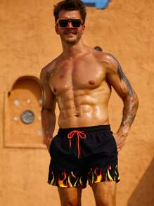 Manfinity Swimmode Hombres Shorts de natación con estampado de fuego de cintura con cordón - Negro - Ver 3