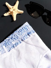 Manfinity Hombres Shorts de natación con estampado tropical de cintura con cordón - Azul y blanco - Ver 3