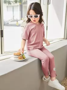 SHEIN Leap Crew 青少女字母拼接下垂肩T恤和緊身褲