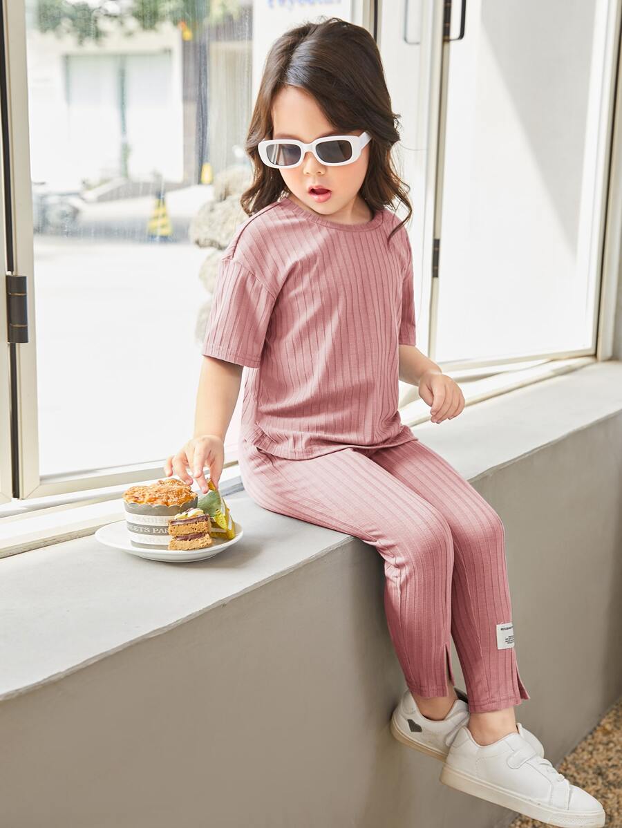 SHEIN Leap Crew 青少女字母拼接下垂肩T恤和緊身褲