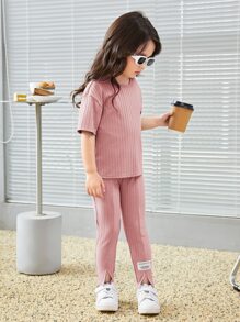 SHEIN Leap Crew 青少女字母拼接下垂肩T恤和緊身褲