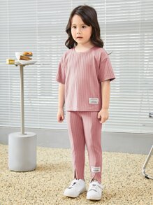 SHEIN Leap Crew 青少女字母拼接下垂肩T恤和緊身褲