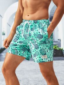Manfinity Swimmode Men Allover Print Drawstring Waist Swim Trunks - Mint Green - View 1
