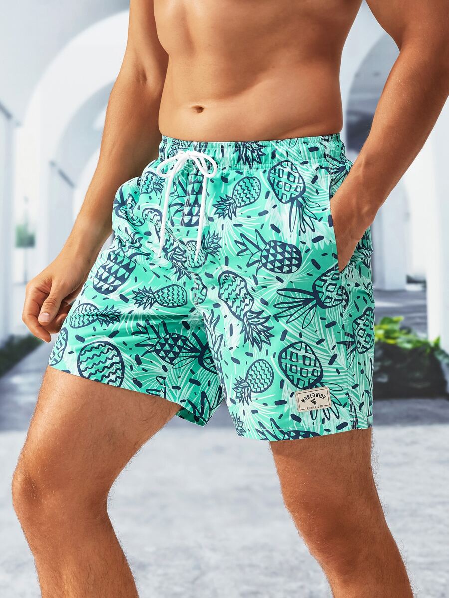 Manfinity Swimmode Men Allover Print Drawstring Waist Swim Trunks - Mint Green - View 1