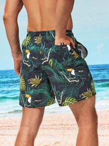 Surfspeed Men Tropical Print Letter Patched Detail Drawstring Waist Swim Trunks