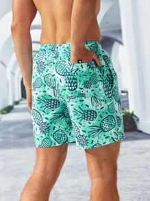 Manfinity Swimmode Men Allover Print Drawstring Waist Swim Trunks - Mint Green - View 2
