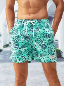 Manfinity Swimmode Men Allover Print Drawstring Waist Swim Trunks - Mint Green - View 7