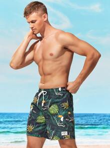 Surfspeed Men Tropical Print Letter Patched Detail Drawstring Waist Swim Trunks