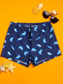 Manfinity Swimmode Men Cartoon Shark Print Drawstring Waist Swim Trunks - Navy Blue - View 1