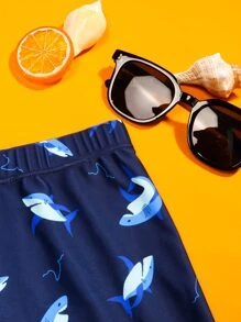 Manfinity Swimmode Men Cartoon Shark Print Drawstring Waist Swim Trunks - Navy Blue - View 3