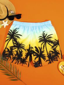 Manfinity Hombres Shorts de natación de ombré con con estampado tropical de cintura con cordón - Multicolor - Ver 2