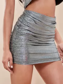 SHEIN BAE Ruched Metallic Bodycon Skirt Without Belt - Silver - View 6