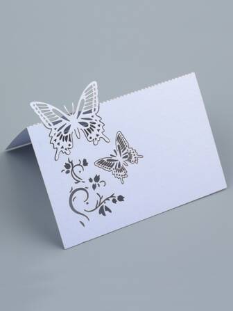 10張蝴蝶印花賀卡簡約白色鏤空紙婚禮請柬